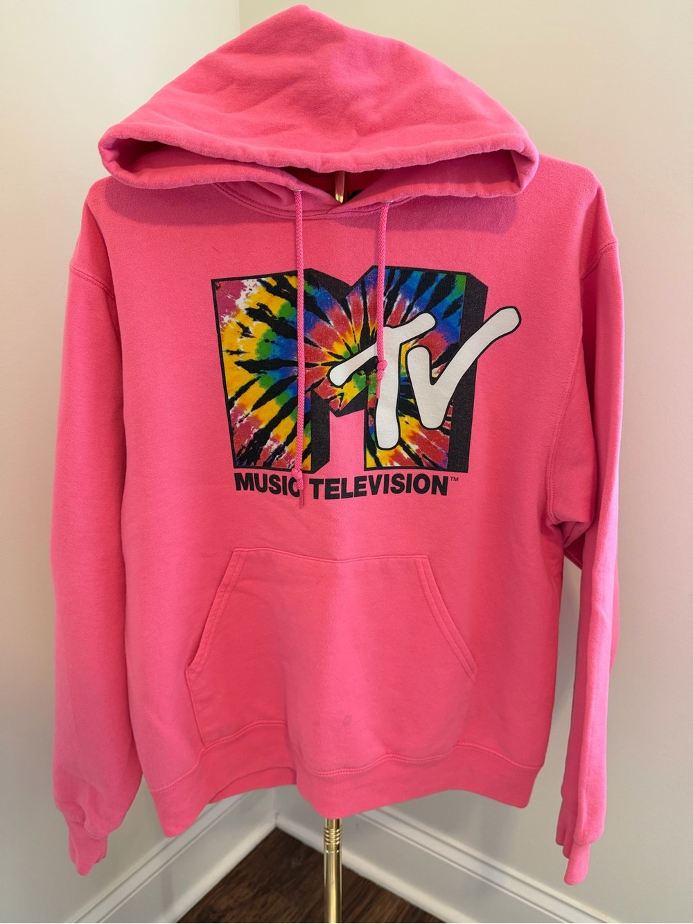 MTV Pink Hoodie with Multicolor Tie-Dye Logo Woman’s  MED